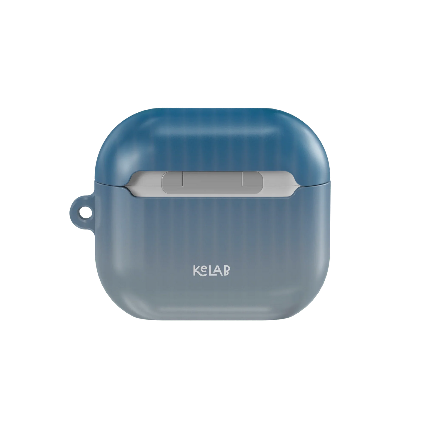 Back view of Twilight Cascade | Tinted Veil Series Blue AirPods Case - KELAB, showcasing the minimalist logo and smooth gradient finish.