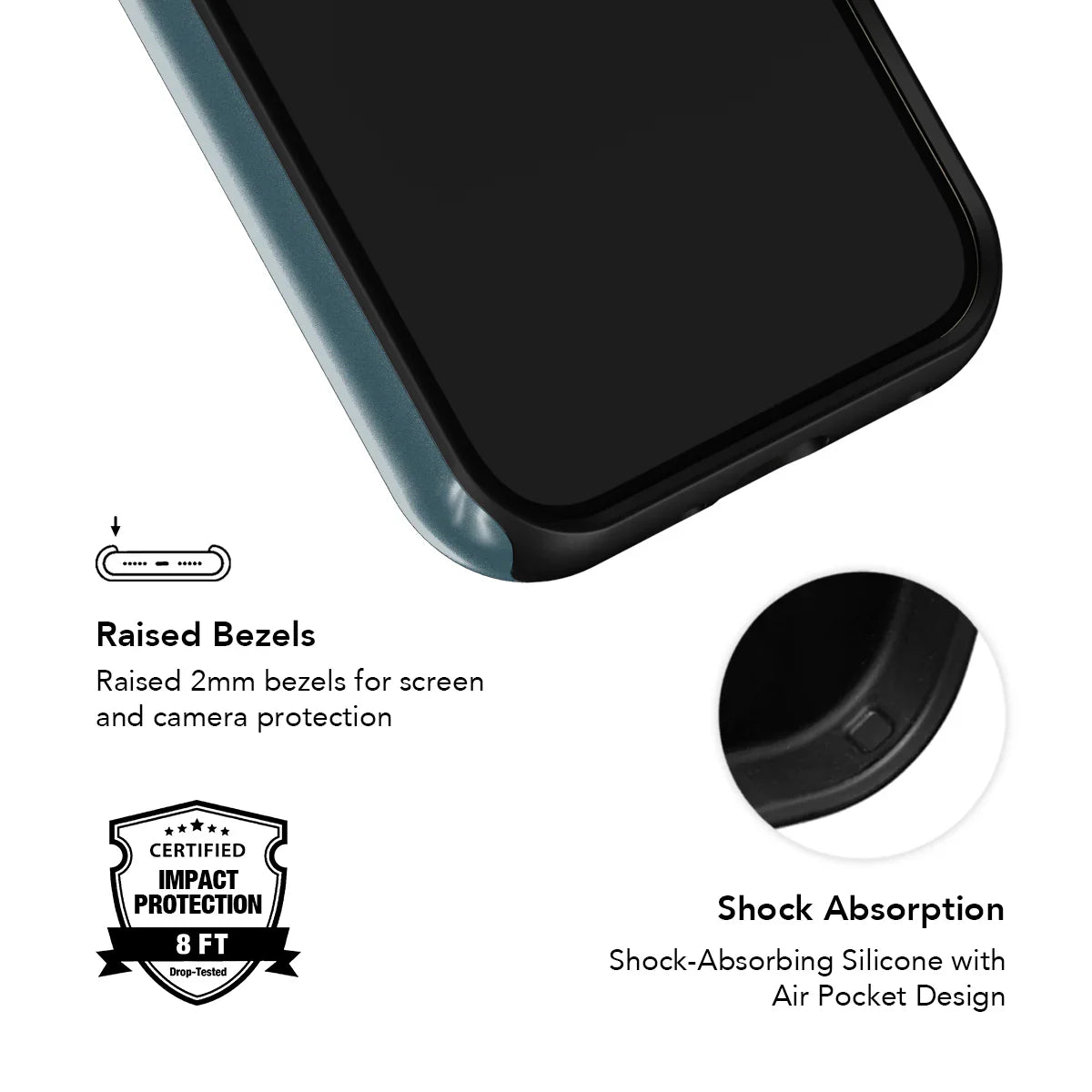 Shock-absorbing teal iPhone case with raised bezels and air pocket design, certified for 8ft impact protection by KELAB.
