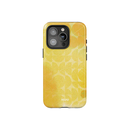 Retro Pattern iPhone Case – Summer Yellow Style by KELAB featuring a bold geometric print and glossy finish for stylish phone protection.